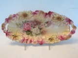 Porcelain Celery Dish Relief Flowers, Gilt Trim w/ Floral Rose Buds Sprays Transfer