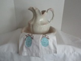 Ceramic Wash Bowl & Pitcher w/ 2 Linen Embroidery Handle Towels