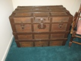 Early Pine Steamer Trunk w/ Wood Slats, Metal Bands/Corners & Insert Tray