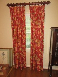 4 Custom Panel Draperies w/ Wooden Dowels, Rings & Brackets Floral/Foliate Pattern Lined