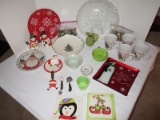 Christmas Lot - Mugs, Snowmen Salt/Pepper Shakers, Trivets, Penguin Relief Design Tray, Etc.