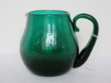 Art Glass Hand Blown Emerald Crackle Glass Pitcher w/ Applied Handle & Pontil Base