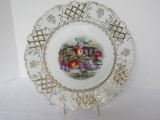 Porcelain Charger w/ Lattice Pierced Border, Gilt Accent & Fruit Basket Center Transfer Design