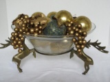 3 Brass Figural Reindeer Stand w/ Glass Bowl Insert & Gilded Fruit