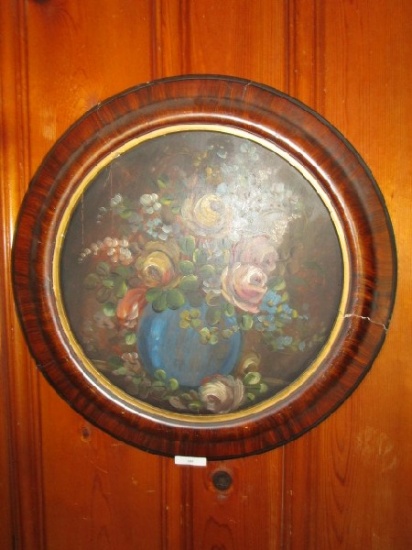 Hand Painted Oil on Wood Vase w/ Flowers in Wood Round Frame