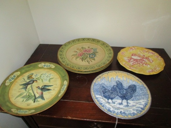 Misc. Plates Lot - 2 Floral/Gilted Trim, 1 Bird Motif, 1 Bird/Berry, 1 Rooster Motif