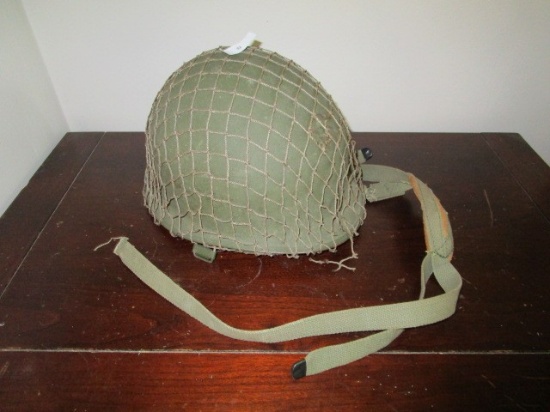 Vintage WWII Helmet w/ Net, Chin Strap, Etc.