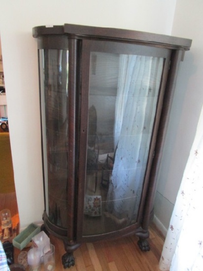 Vintage Wooden 5-Tier Display Cabinet Curved Front Design, Window Panels