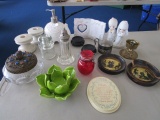 Misc. Lot - Candle Stick Holders, Enesco Porcelain Elephant Soup Dispenser, Shelf Décor, Etc.