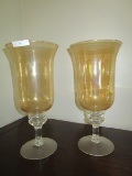 Pair - Amber Tulip Glass Candle Holders Tall w/ Scalloped Stem