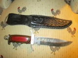 Hunting Knife w/ Wood Handle, Pakistan on Blade, Black Leather Sheath w/ Chain