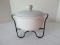 White Round Covered Casserole w/ Black Metal Handled Warmer Stand