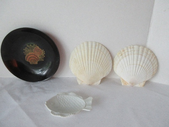 Couroc Giftware Handcrafted Satin Black Servingware w/ Fused Sea Shells Pattern