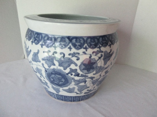 Semi-Porcelain Fish Bowl Planter Blue & White Oriental Flowering Vine