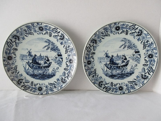 Pair - Boch Delft Blue/White Porcelain 8 1/2" Plates Courting Couple in Row Boat