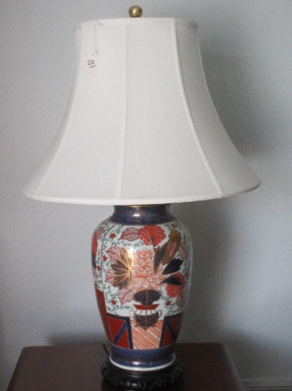 Semi-Porcelain Vase Form Table Lamp w/ Hand Painted Oriental Floral & Panel Design