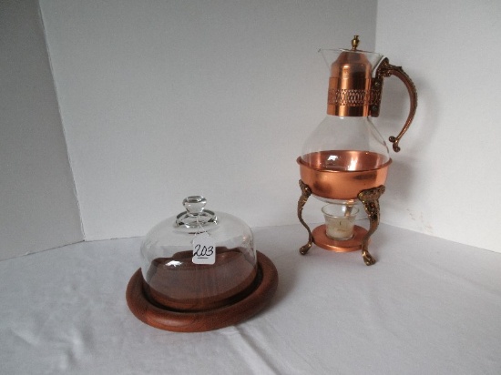 Teakwood Footed Base Cheese Server w/ Glass Dome Cover & Elegant Coffee Carafe Server