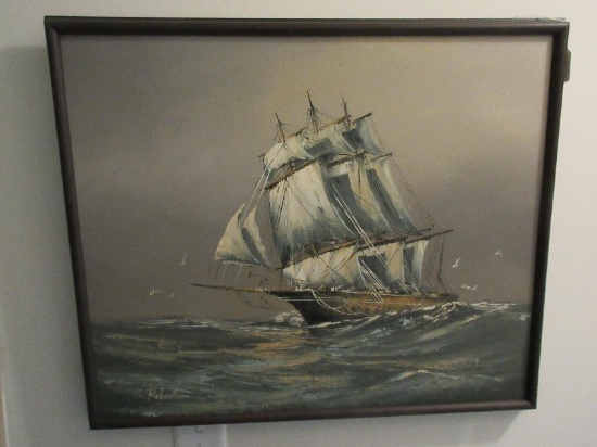 Schooner Sailing Ship at Sea Original Oil on Canvas Artist Signed P. Robertson