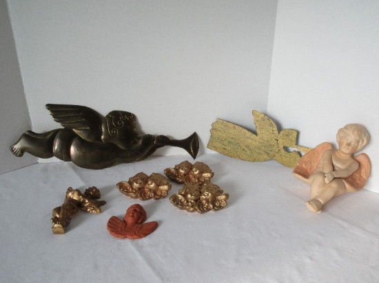 Lot - Cherub Wall Décor Accents Embossed Angel w/ Trumpet