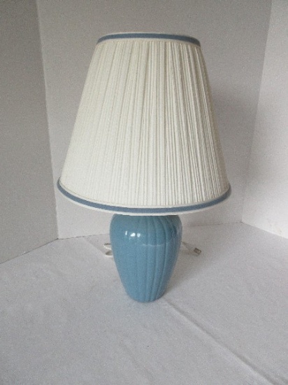 Blue Ceramic Accent Lamp Ribbed Panel Design w/ Pleated Blue Trim Shade
