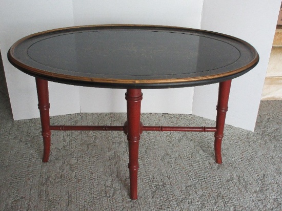 Refined Chinoiserie Oval Coffee Table w/ Classic Lacquer Top