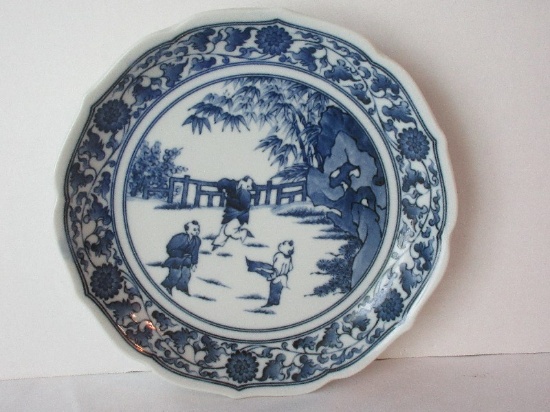 Andrea Semi-Porcelain Footed Shallow Bowl Blue/White Chinese Children/Landscape Pattern