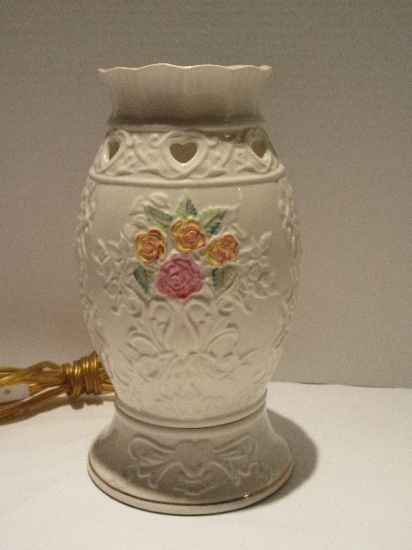 Scarce Belleek Ireland Porcelain Electric Lamp Base w/ Hand Painted Rose Bouquet