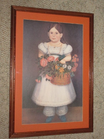 Adorable Victorian Girl Holding Flower Basket Portrait Print in Simulated Bamboo