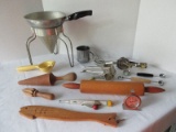 Lot - Misc. Kitchen Utensils Wooden Rolling Pin, Hand Sifter, Wooden Handle Hand Mixer