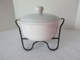 White Round Covered Casserole w/ Black Metal Handled Warmer Stand