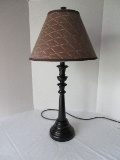 Black Metal Classic Design Table Lamp w/ Tan Harlequin Fabric Shade