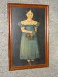 Genteel Victorian Girl w/ Fruit Basket Portrait on Board Print in Wooden Frame