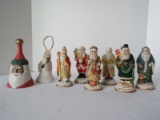 Lot - Porcelain Santa Claus International Figurines & 2 Hand Bells