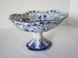 Three Hands Corp. Porcelain Blue & White Compote Oriental Foliage Design