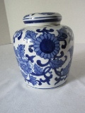 Semi-Porcelain Blue & White Oriental Flowering Vine Pattern Covered Ginger Jar
