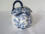 Unique Porcelain Melon Design Jar w/ Stem Lid Blue  White Floral/Foliate Pattern