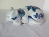 Porcelain Sleeping Kitty Cat Figure Blue & White Flower/Foliage Design