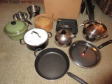 Lot - Misc. Pots, Pans, Griddle, Square Grilling Pan, T-Fal Optimal, Cook Right
