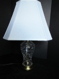 Lead Crystal Ginger Jar Form Table Lamp Foliage & Diamond Design on Brass Finish Base