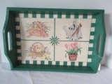 Wooden Handled Server Tray Garden Theme Hand Painted Design Panels