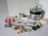 Lot - Barware Mid-Century Utensils, Shot Glasses, Federal Glass Shot Mug