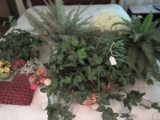 Lot - Decorative Baskets, Silk Greenery, Flowers, Woven Heart Shape Wall Pocket Basket, Etc.