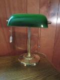 Traditional Banker's Lamp Brass Finish Base w/ Green Glass Shade & Pull Chain