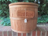 Half Wooden Barrel w/ Hinged Lid & Bird Seed Plaque