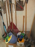 Lot - Misc. Garden Hand Tools, Rakes, Shovels, Edger, Broom, Hard Rake, Bow Saw