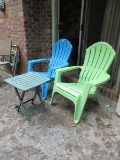 Lot - Tropical Green/Blue Plastic Adams Adirondack Chairs & Plastic Folding Table
