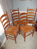 4 Maple Ladder Back Chairs w/ Woven Rush Seats & Pad Feet