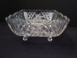 Lead Crystal Scroll Footed Square Bowl Etched Hobstar & File Pattern