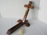4 Piece - Walnut Sick Call Crucifix Set Consist of Crucifix, 2 Candles & Holy Water Vessel