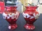 Ruby Glass Pair Bud Vases w/ Hand Painted Floral Motif